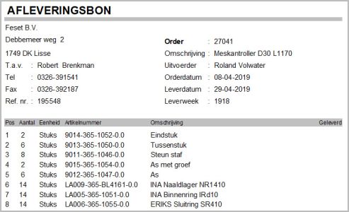 afleverbon, ERP Software voor de Verspaning